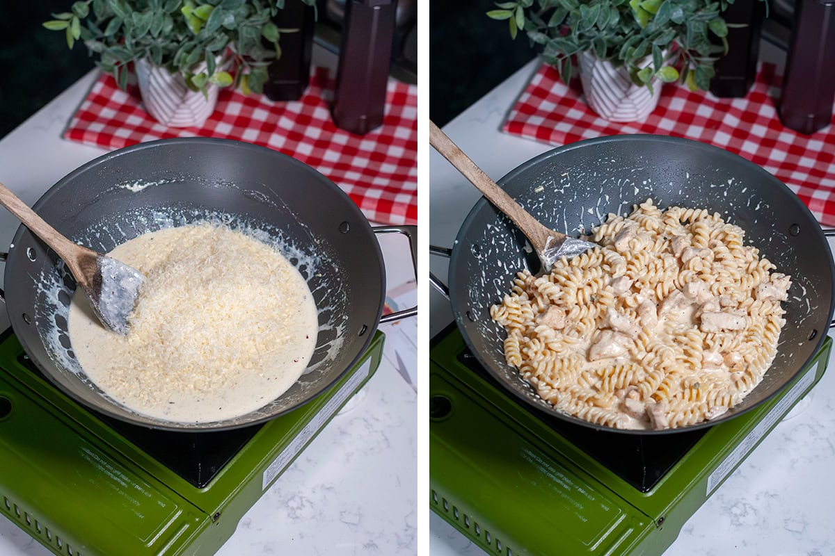 Alfredo sauce in a sauce pan with chicken and pasta noodles.