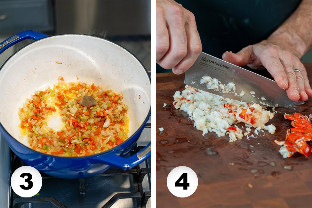 Diced carrots and onions cooking in a pot.
