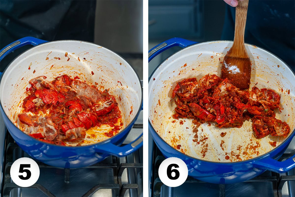 Lobster shells cooking in a large pot.