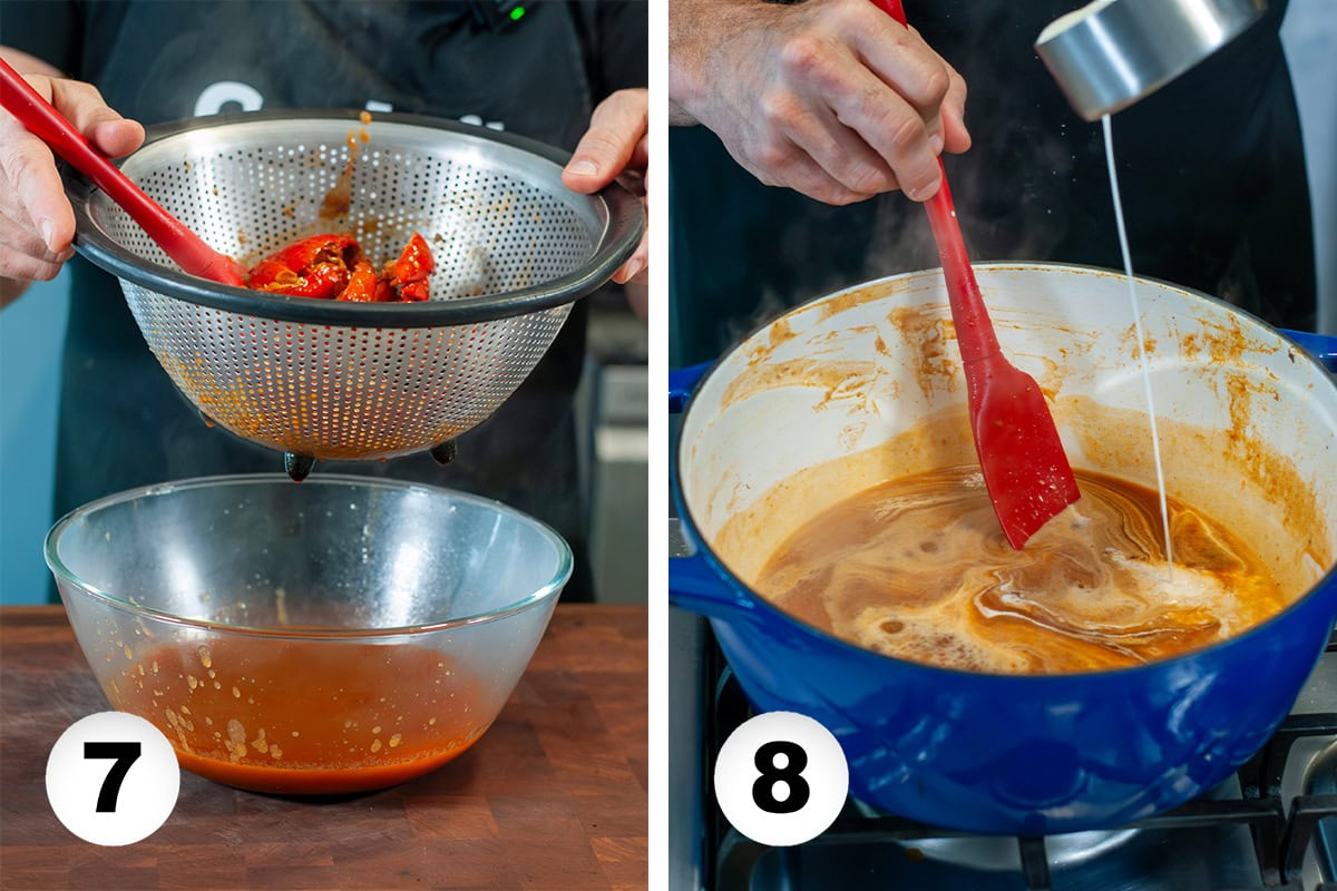 Straining lobster from sauce and then adding in heavy cream.