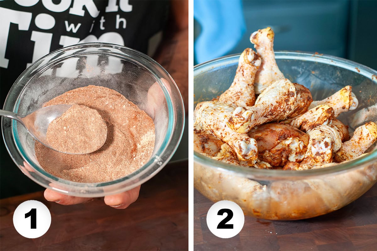 A bowl of seasonings next to chicken legs coated in seasoning.