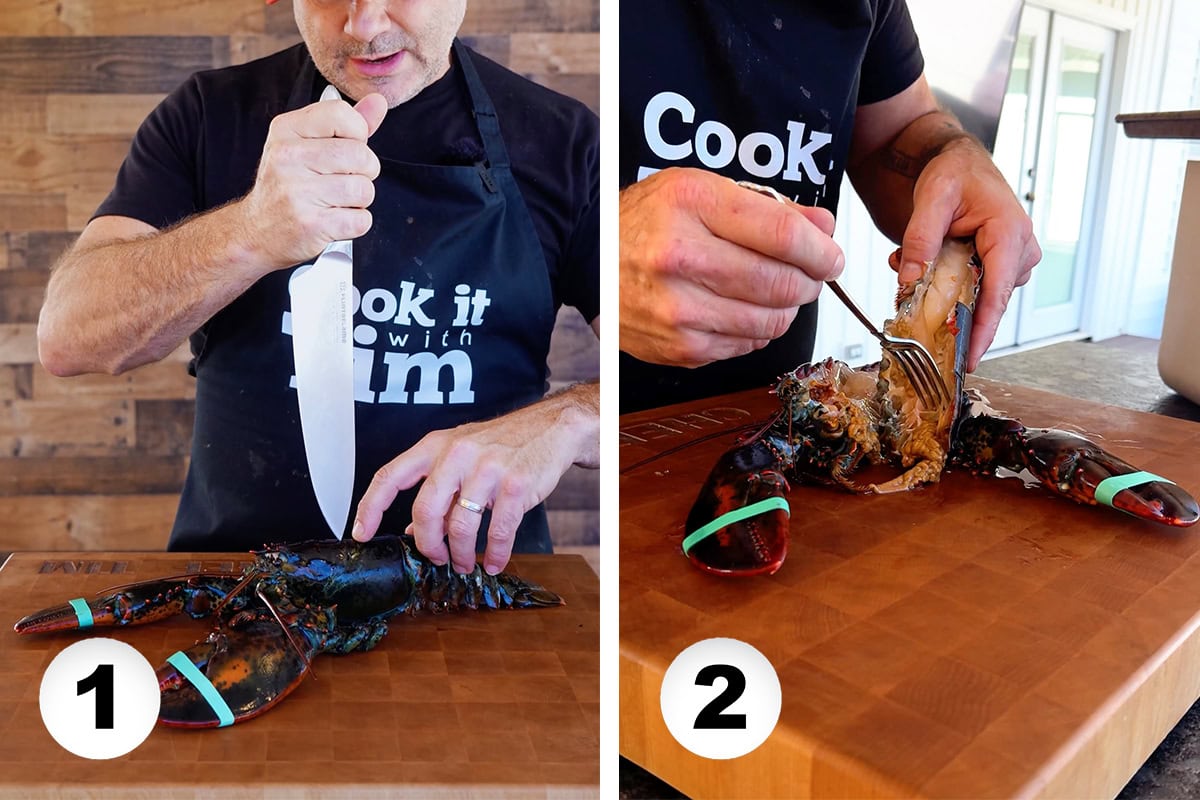 A lobster being cleaned and prepped for grilling.