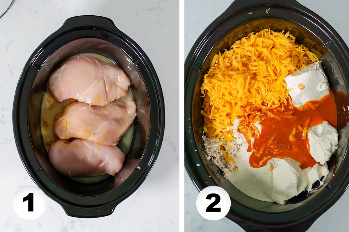 Chicken in a crock pot with buffalo sauce, cream cheese and cheddar cheese.