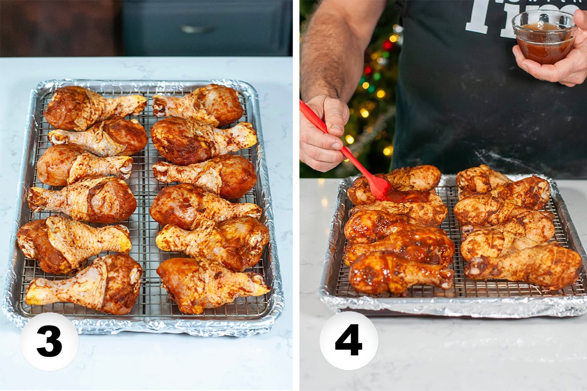 Chicken coated with bbq sauce on a wire rack.