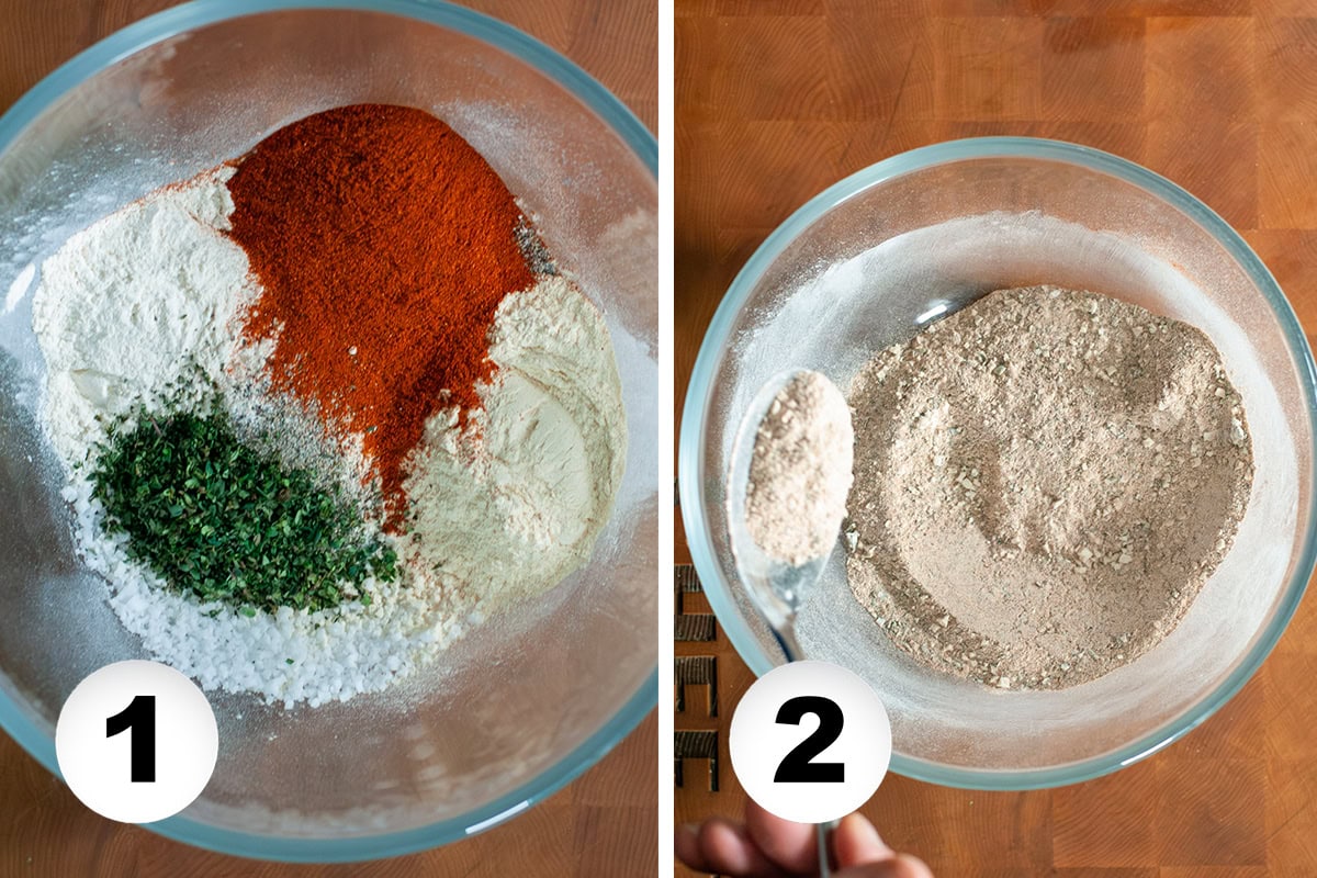 seasoning in a mixing bowl being combined with a spoon.