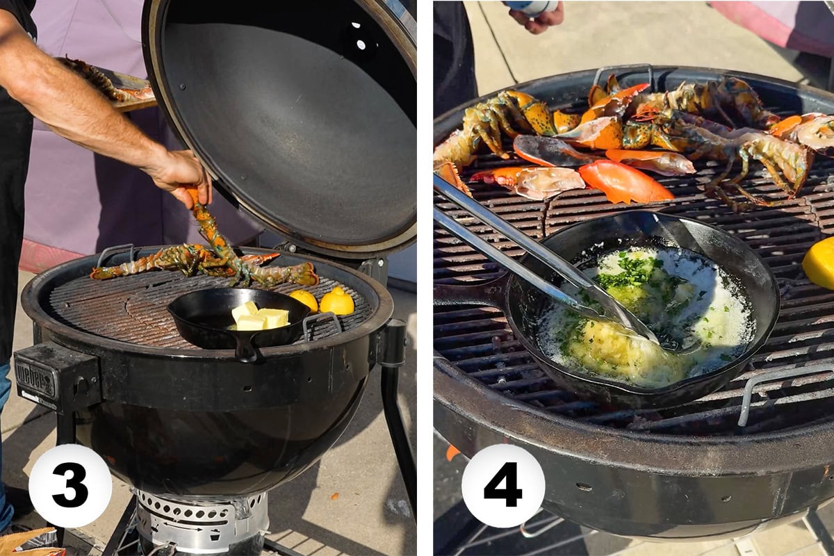 Lobster, butter and lemon cooking on the weber grill.