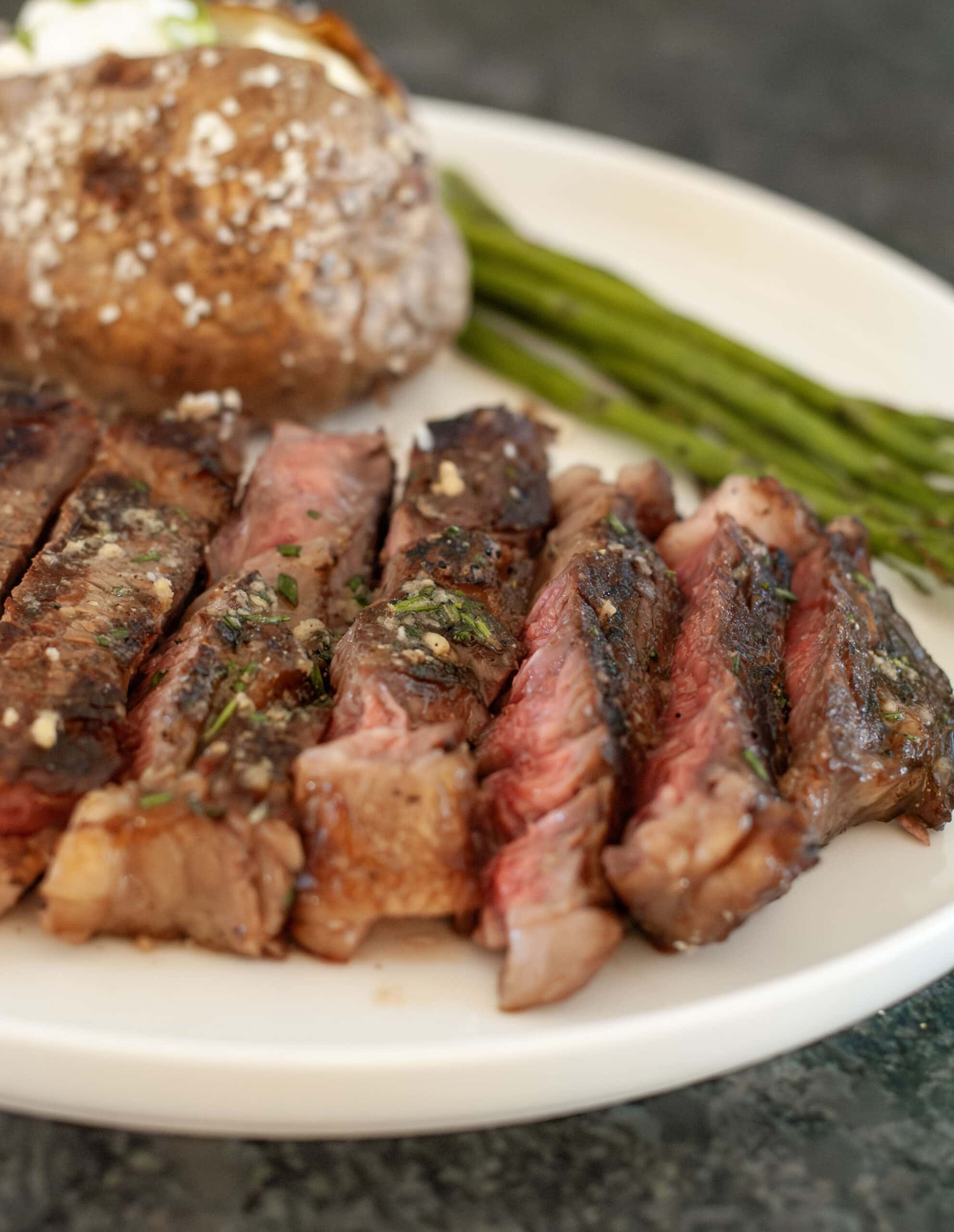 Slices of medium rare ribeye steak.