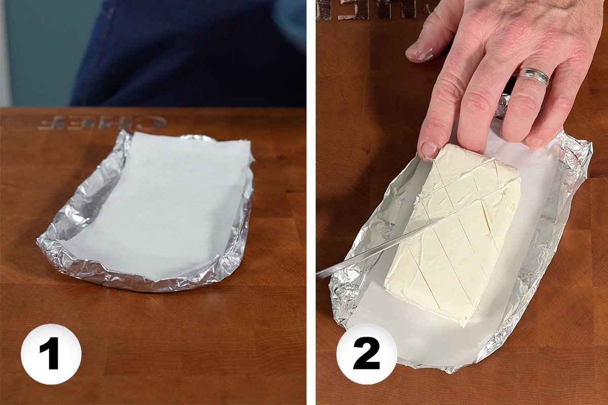 Cream cheese being cut into crosshatch pattern.