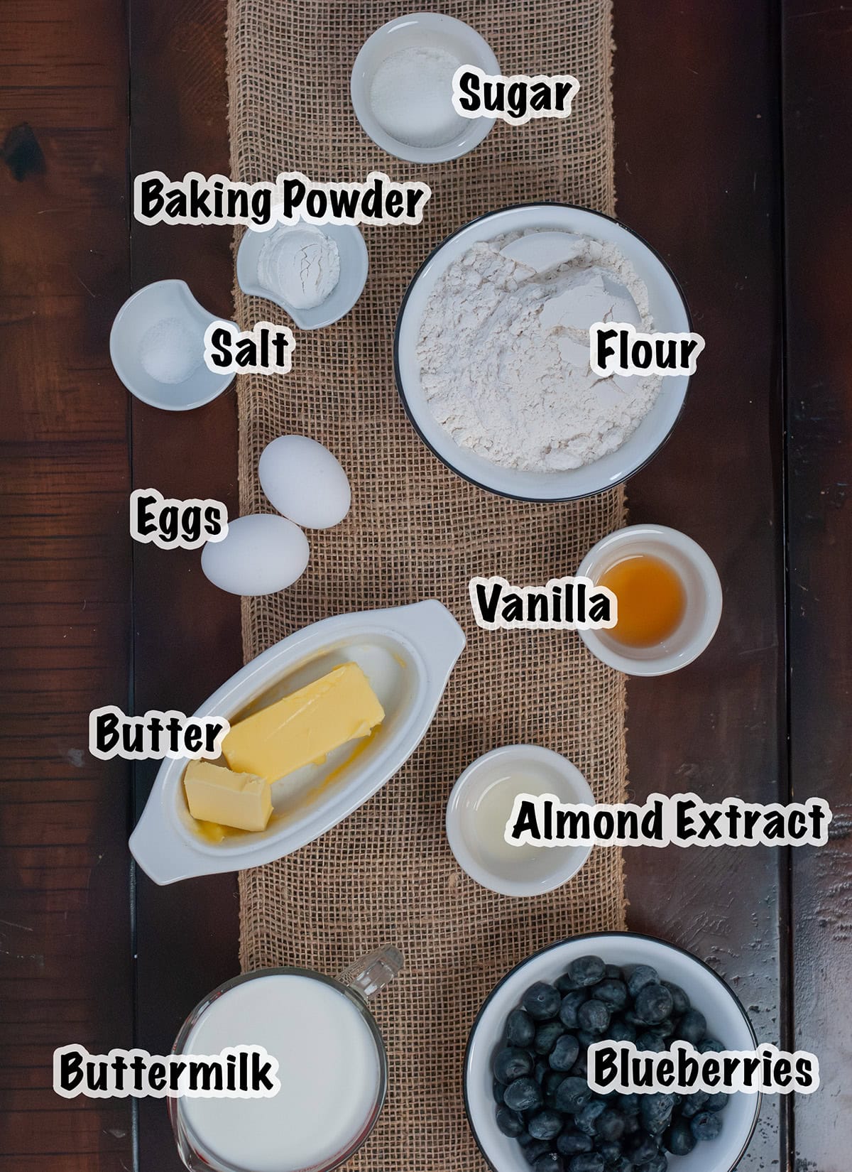 Ingredients measured out for making blueberry waffles.