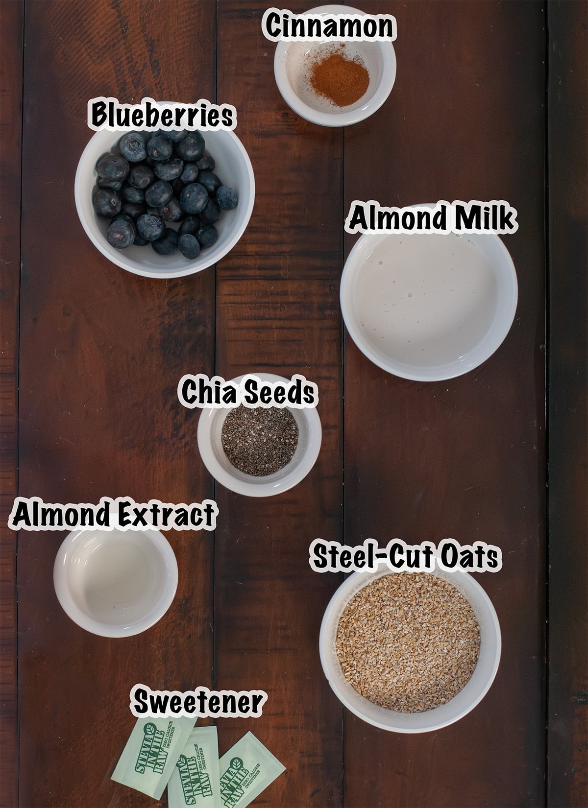Ingredients for overnight oats measured out on a table.