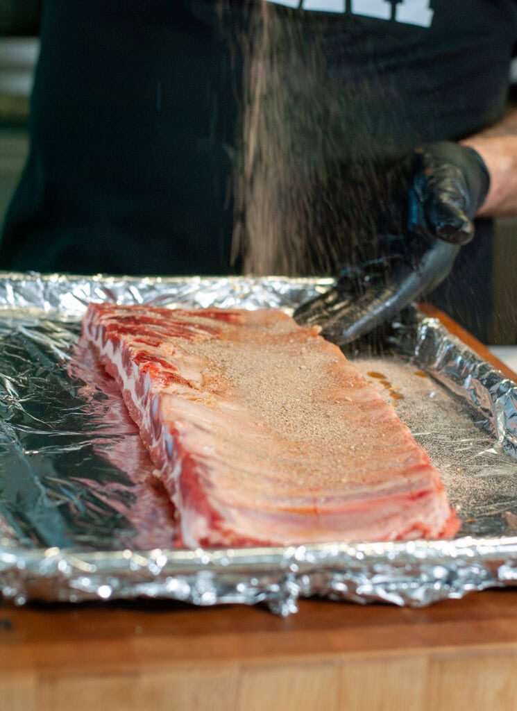 A pork rub sprinkled over a rack of ribs.