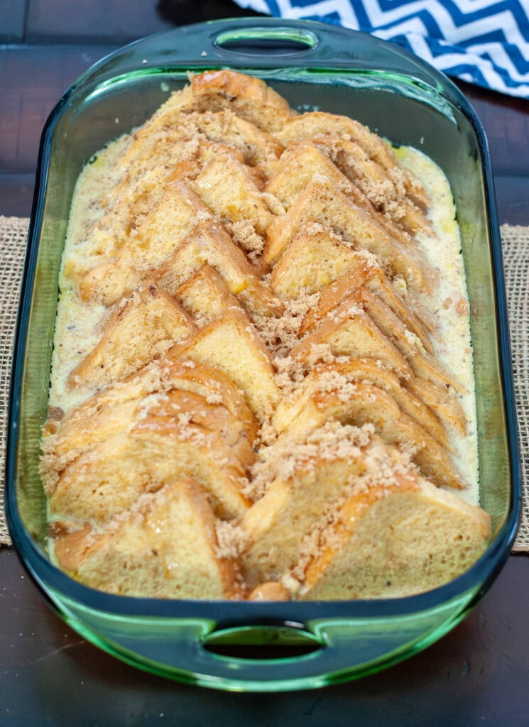 Brown sugar on top of brioche French toast in a dish.