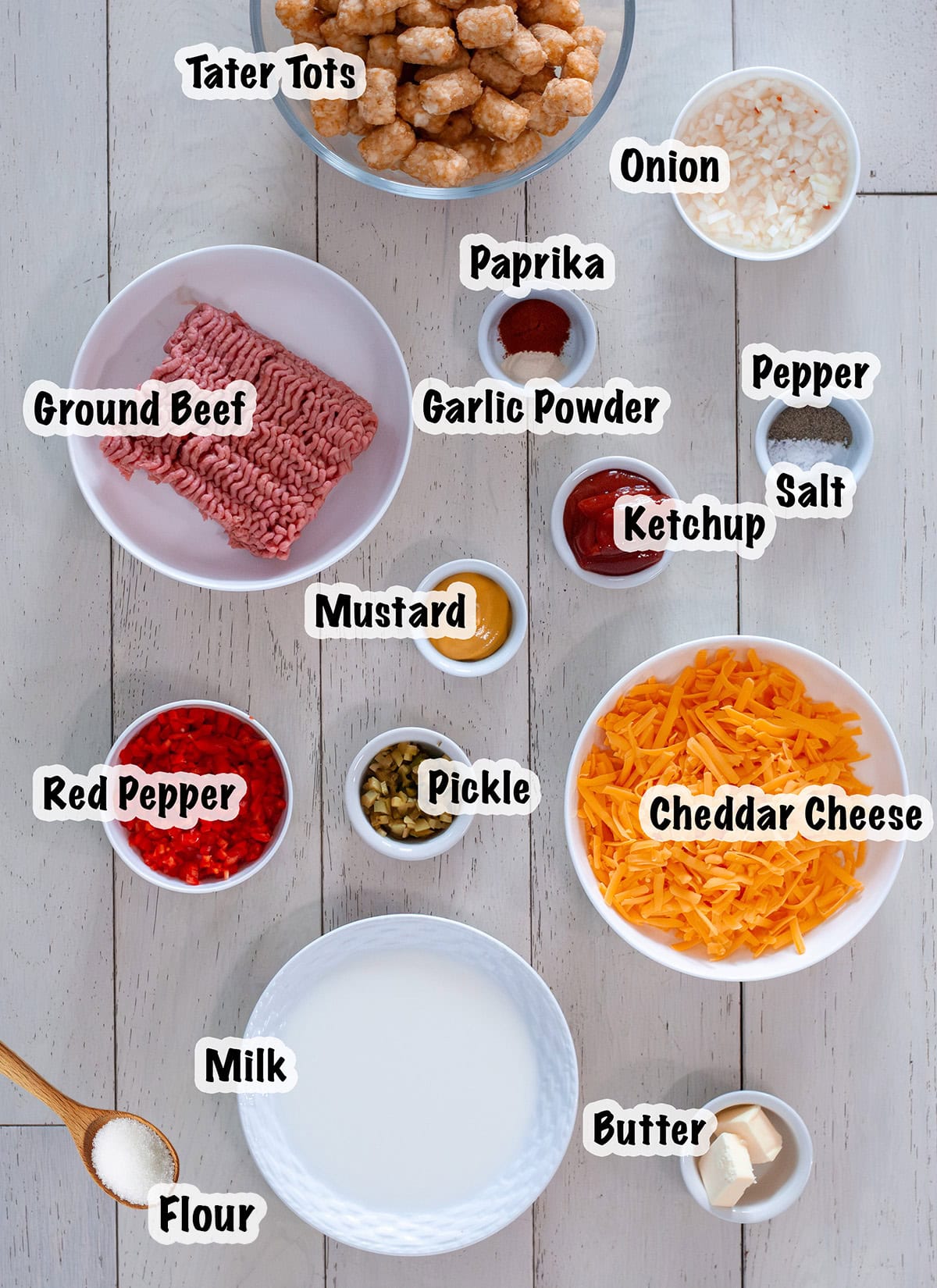 Ingredients for cheeseburger tater tot casserole.