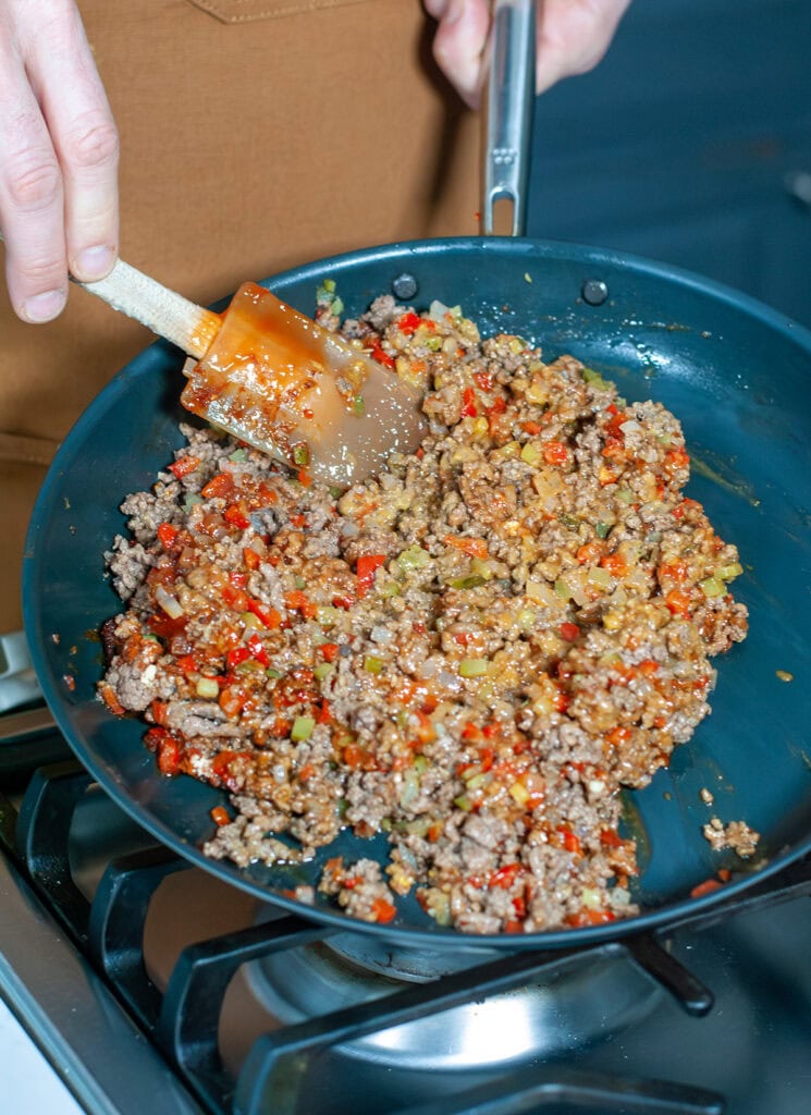Cheeseburger mix mixture in a skillet.
