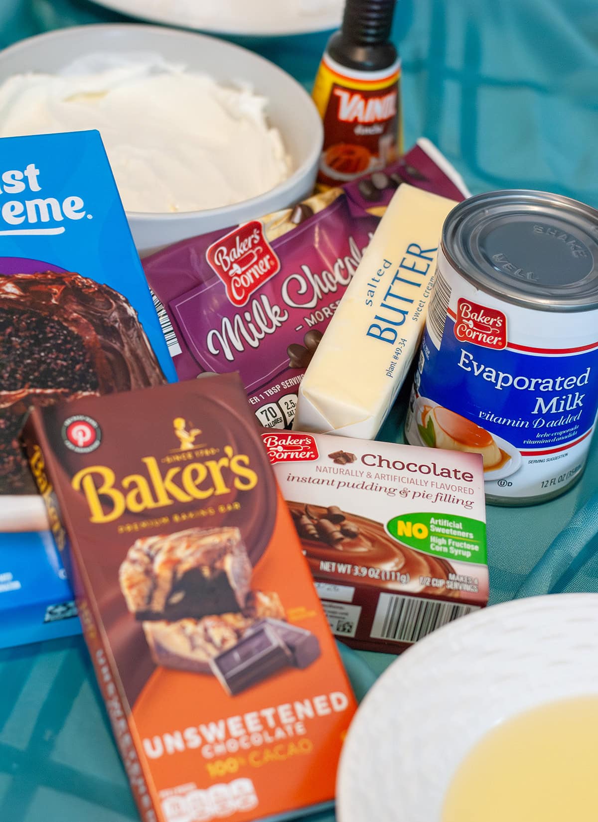 Ingredients piled up for making chocolate lava cake.