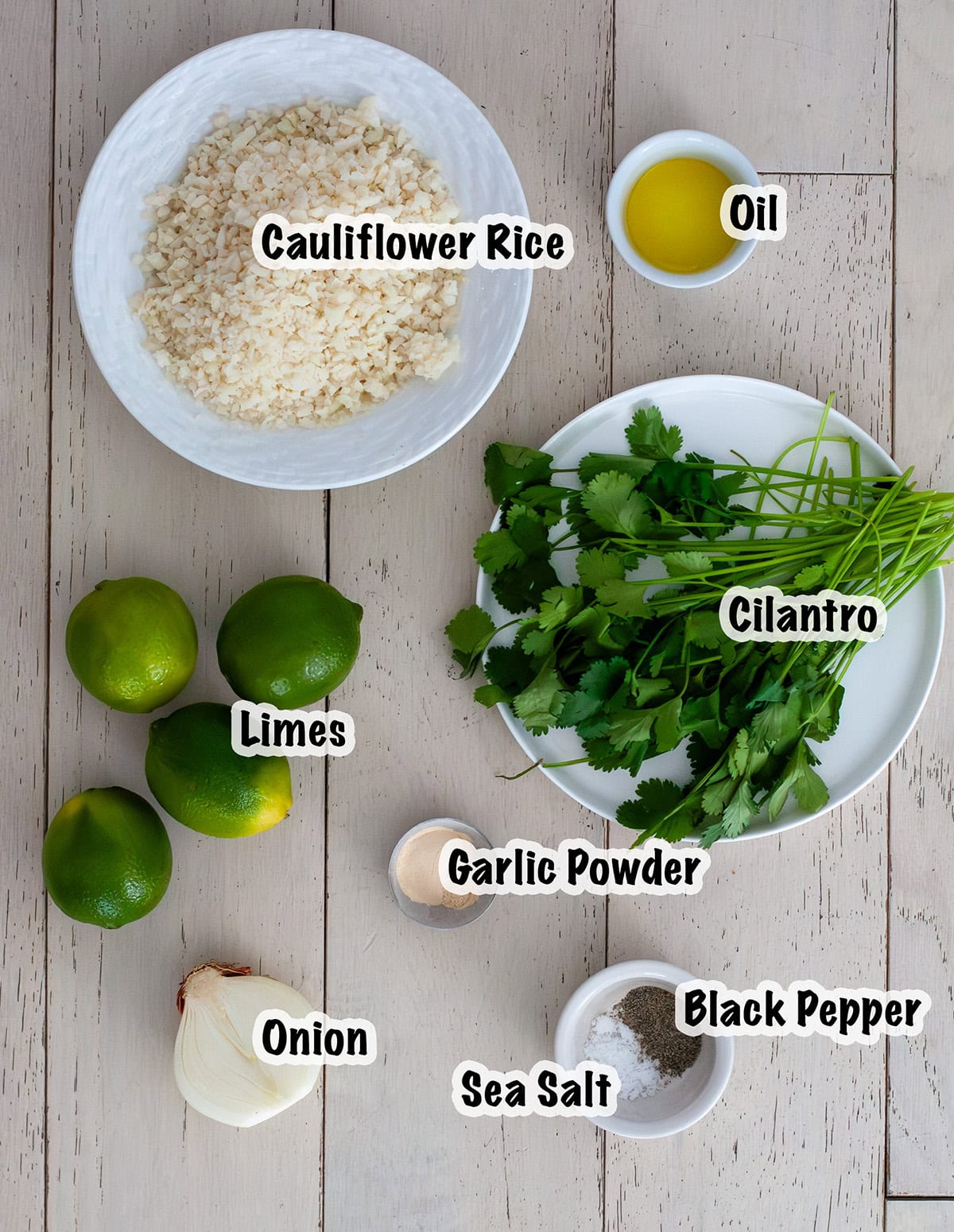 Ingredients for cauliflower cilantro lime rice.