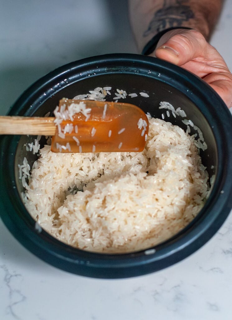 Rice in a rice cooker.