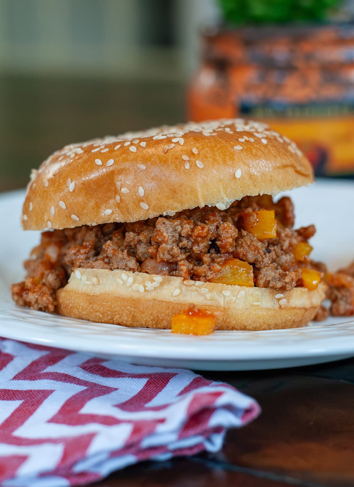Ground turkey sloppy Joe on a sesame bun.