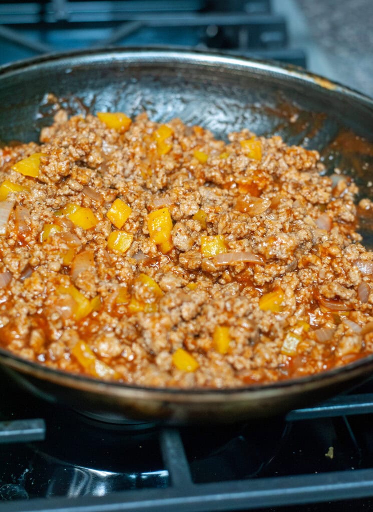 Turkey Sloppy Joe mixture in a skilet.