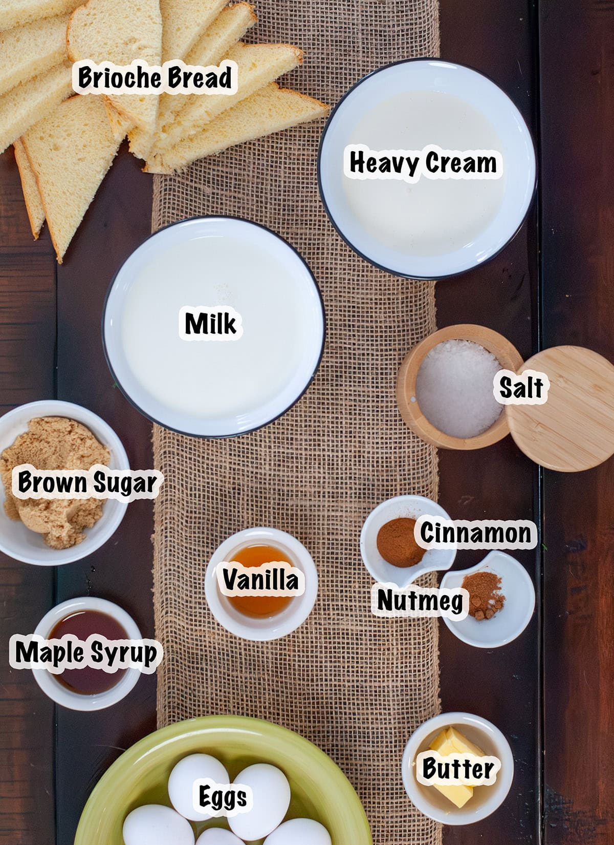 Ingredients measured out for making a brioche French toast casserole.