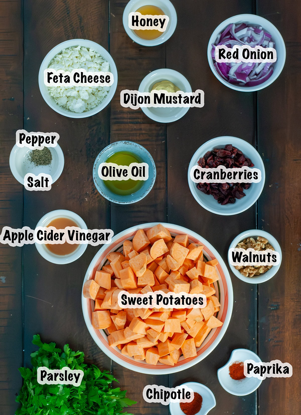 Ingredients measured out for sweet potato salad.