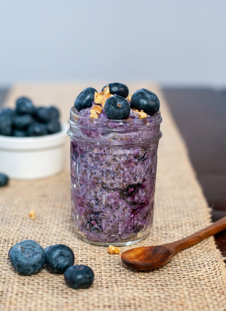 Overnight oats in a jar with blueberries.