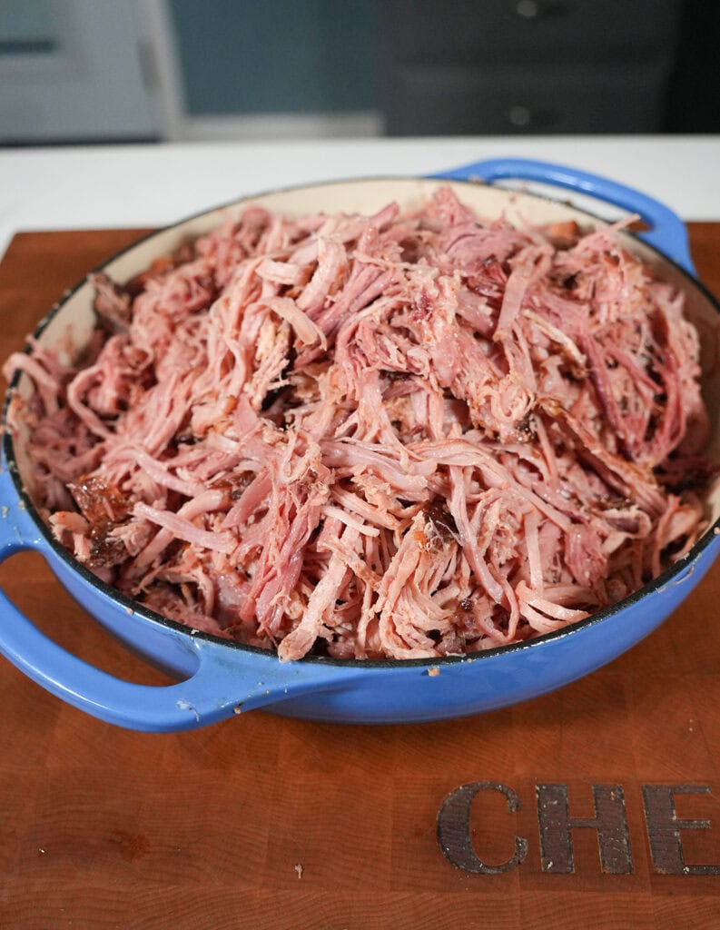 A pulled ham in a bowl.