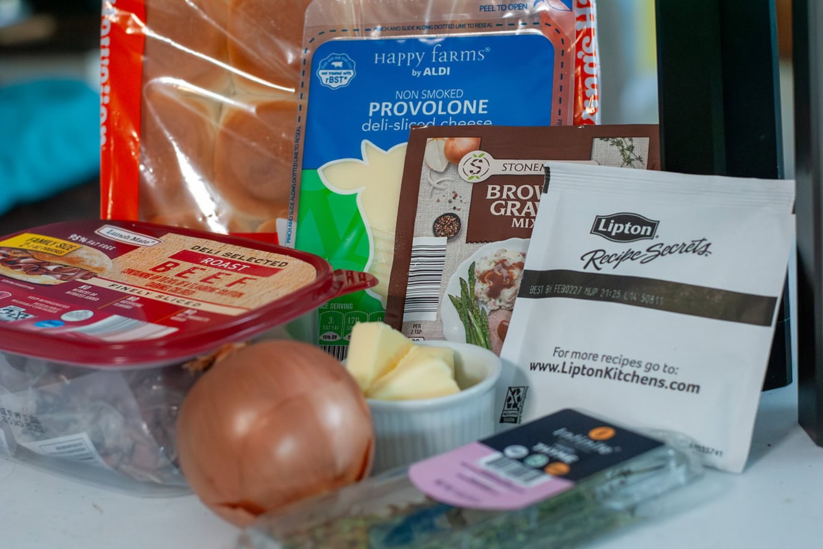 A pile of ingredients for roast beef sliders.