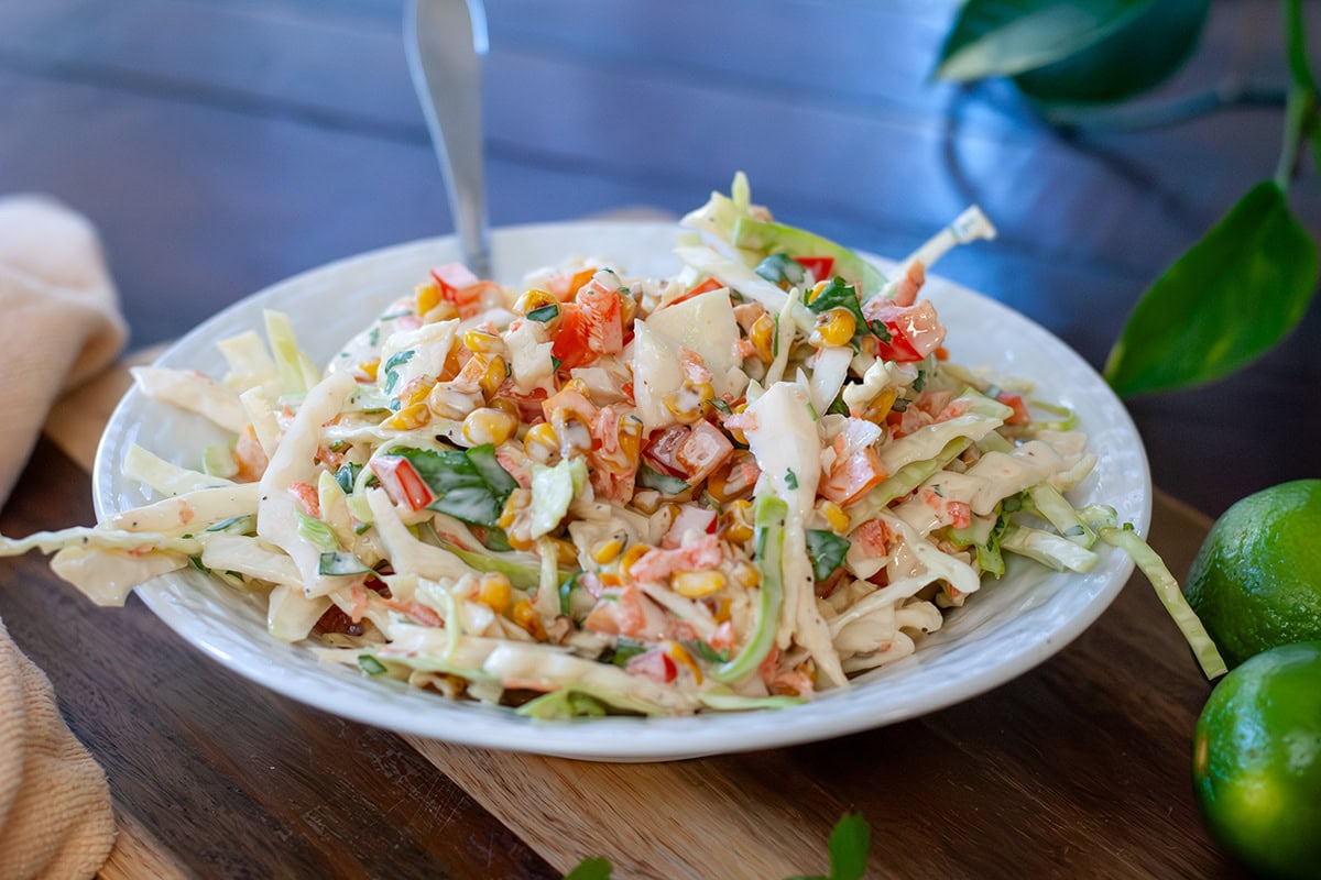 Corn Cole slaw with peppers and lime and cilantro.