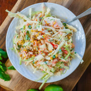 Roasted corn Cole slaw with creamy dressing.