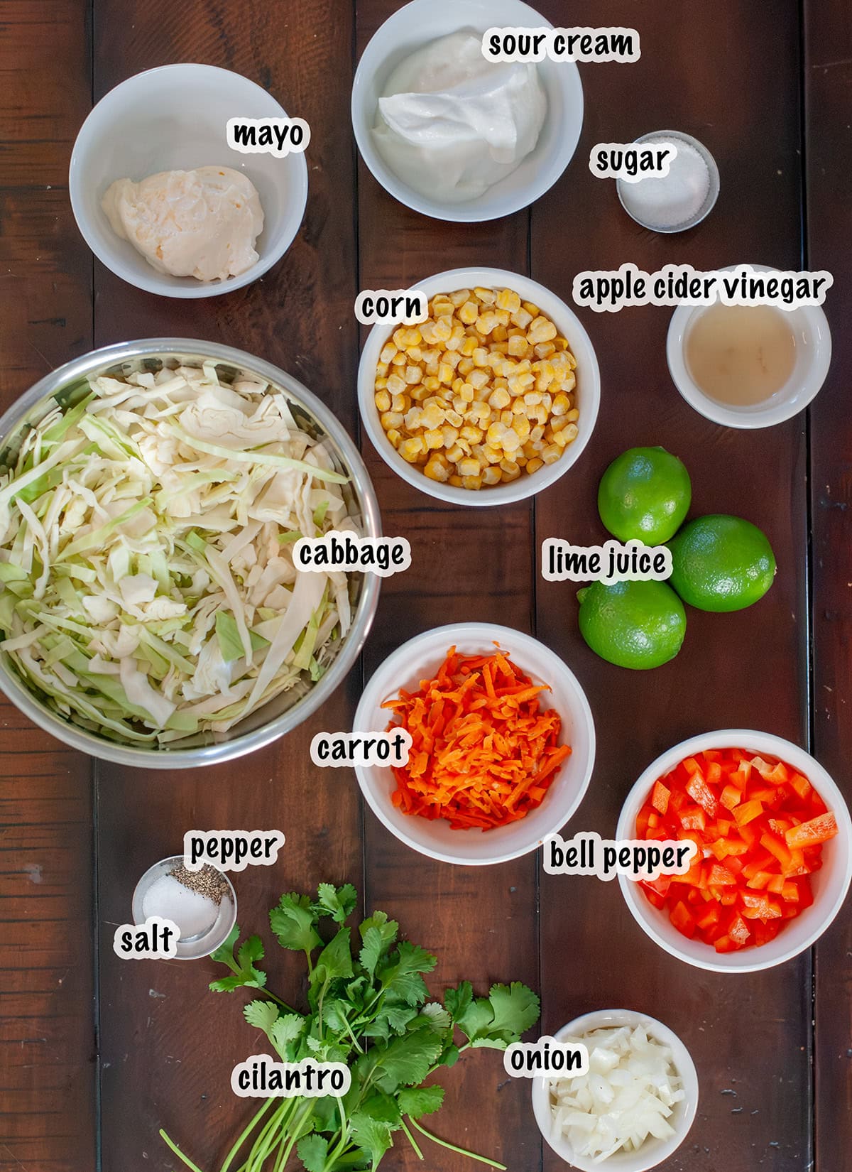 Ingredients measured out for roasted corn cole slaw.