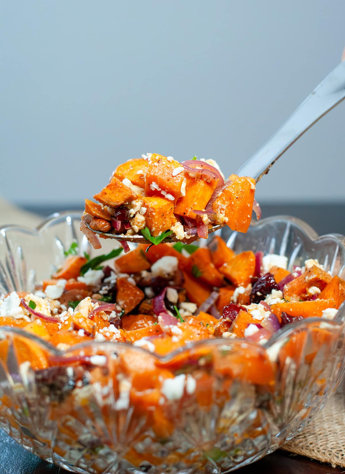 A spoonful of sweet potato salad above a bowl.