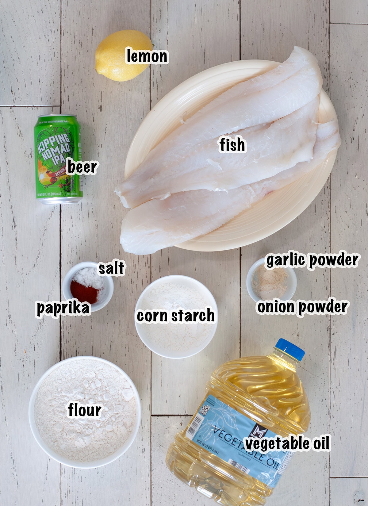Labeled ingredients for beer battered fish.