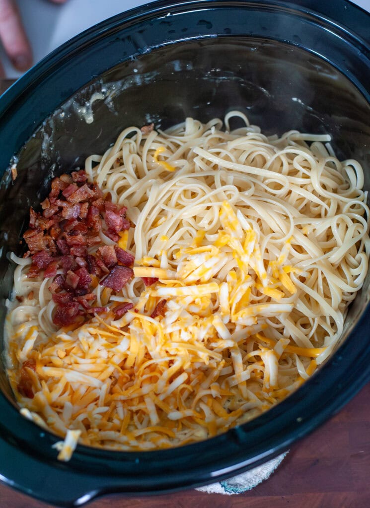 Cheese, bacon and noodles in a slow cooker.