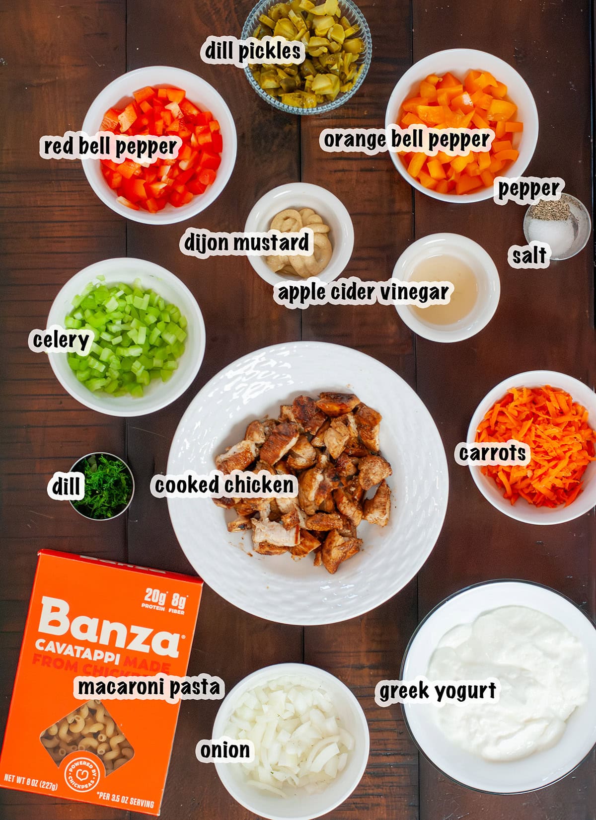 Listed ingredients for making chicken macaroni pasta salad.