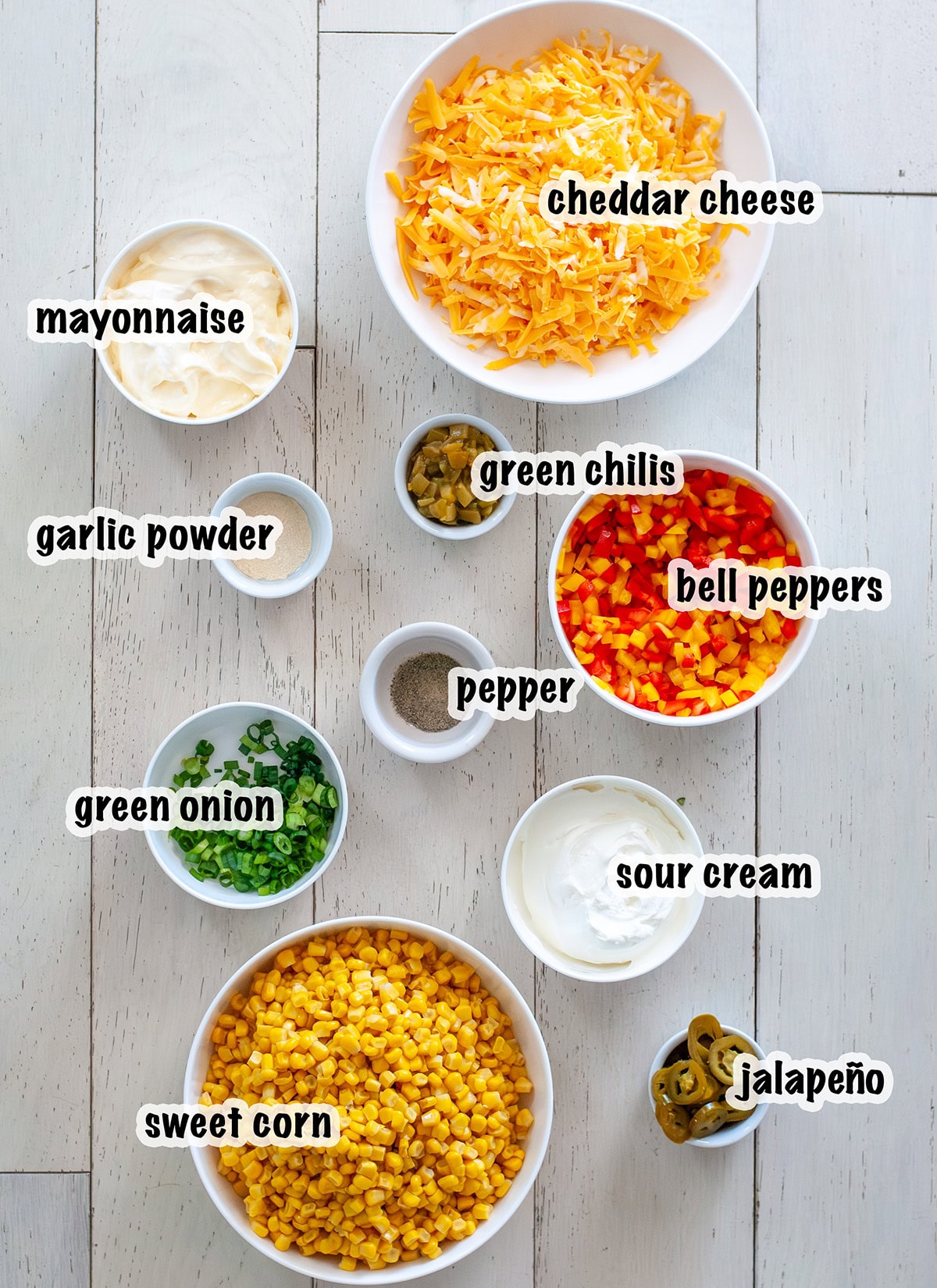 A group of ingredients for corn dip. 