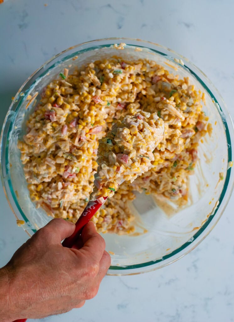 A top view of mixed ingredients. 
