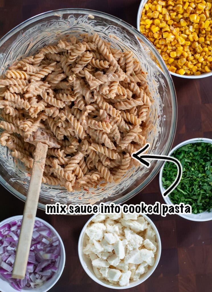 A top view of the ingredients for pasta salad. 