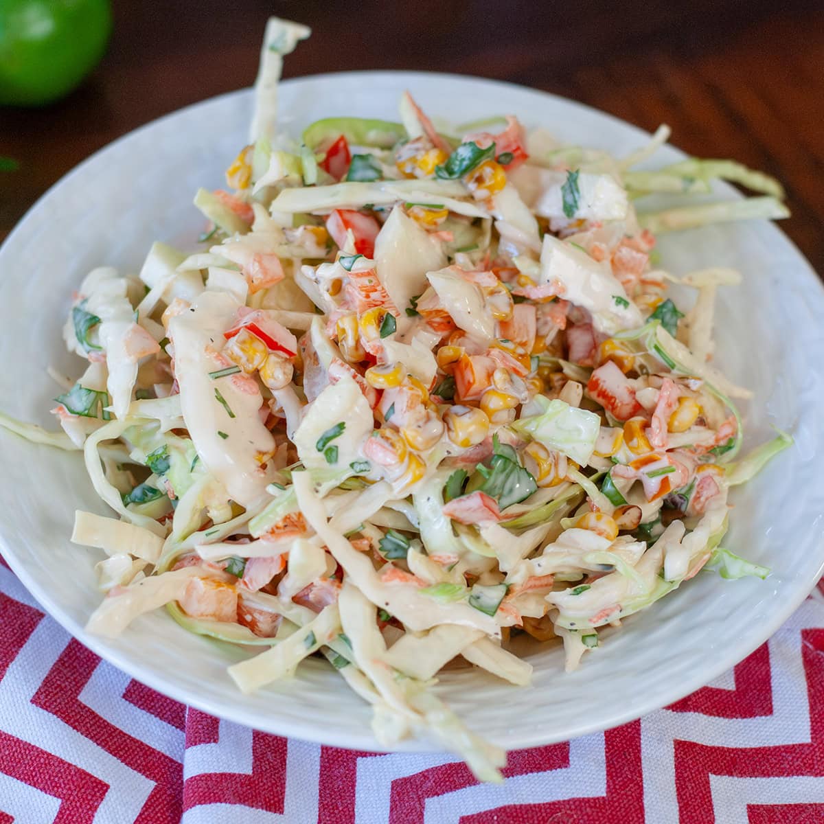 Coleslaw with corn, peppers and cilantro.