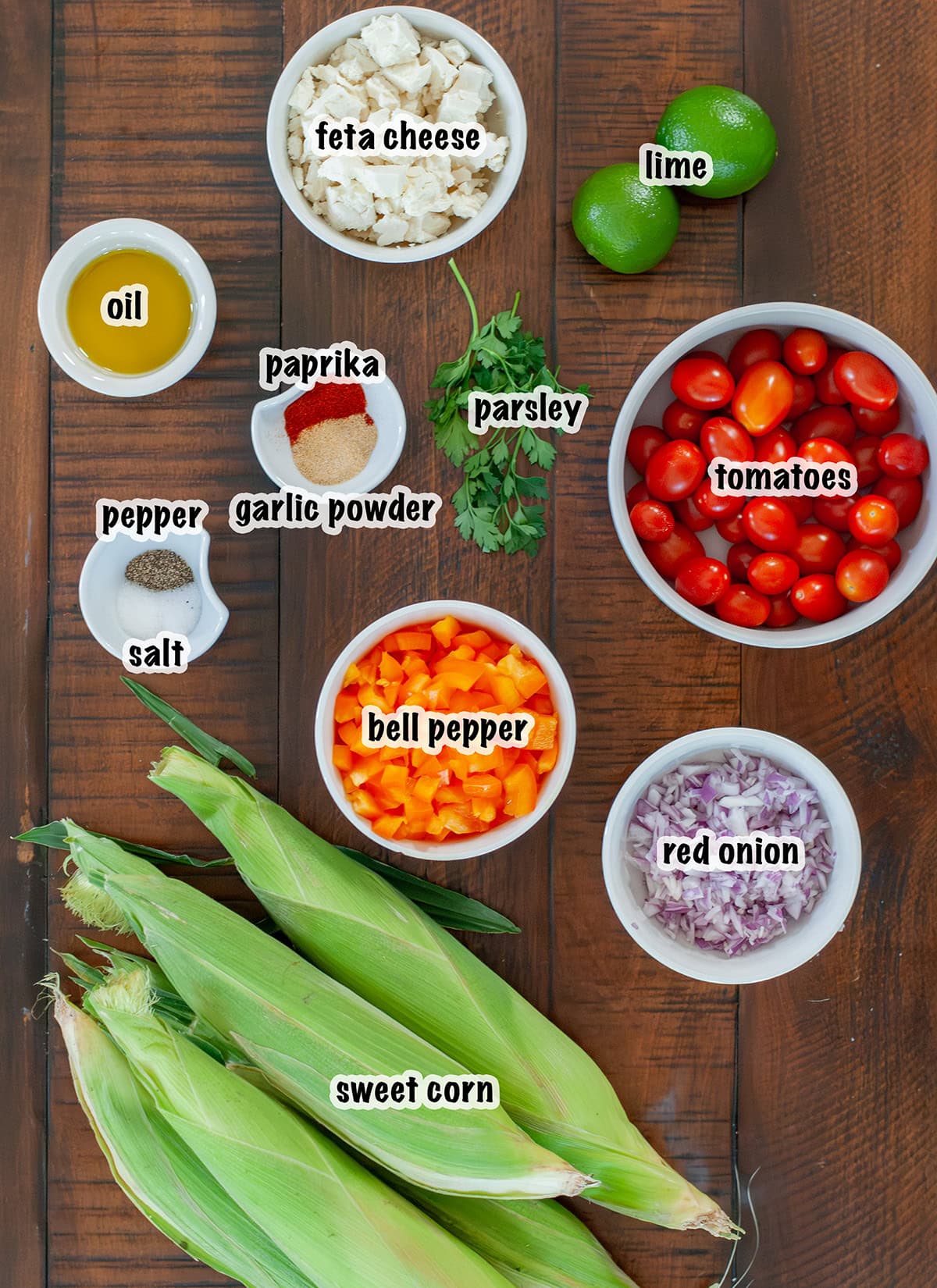 Labeled ingredient for making roasted corn salad.