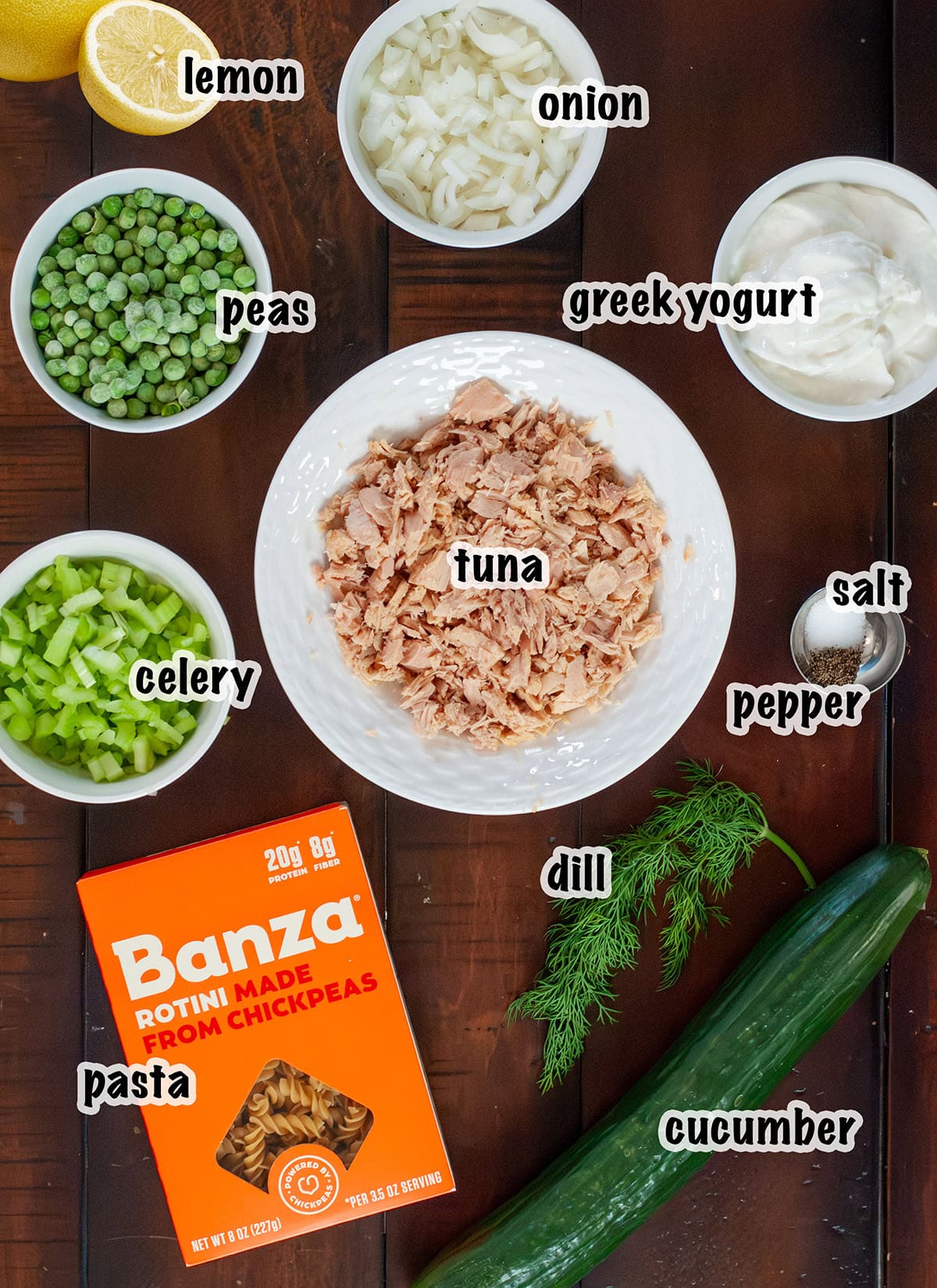 Ingredients for making tuna pasta salad.