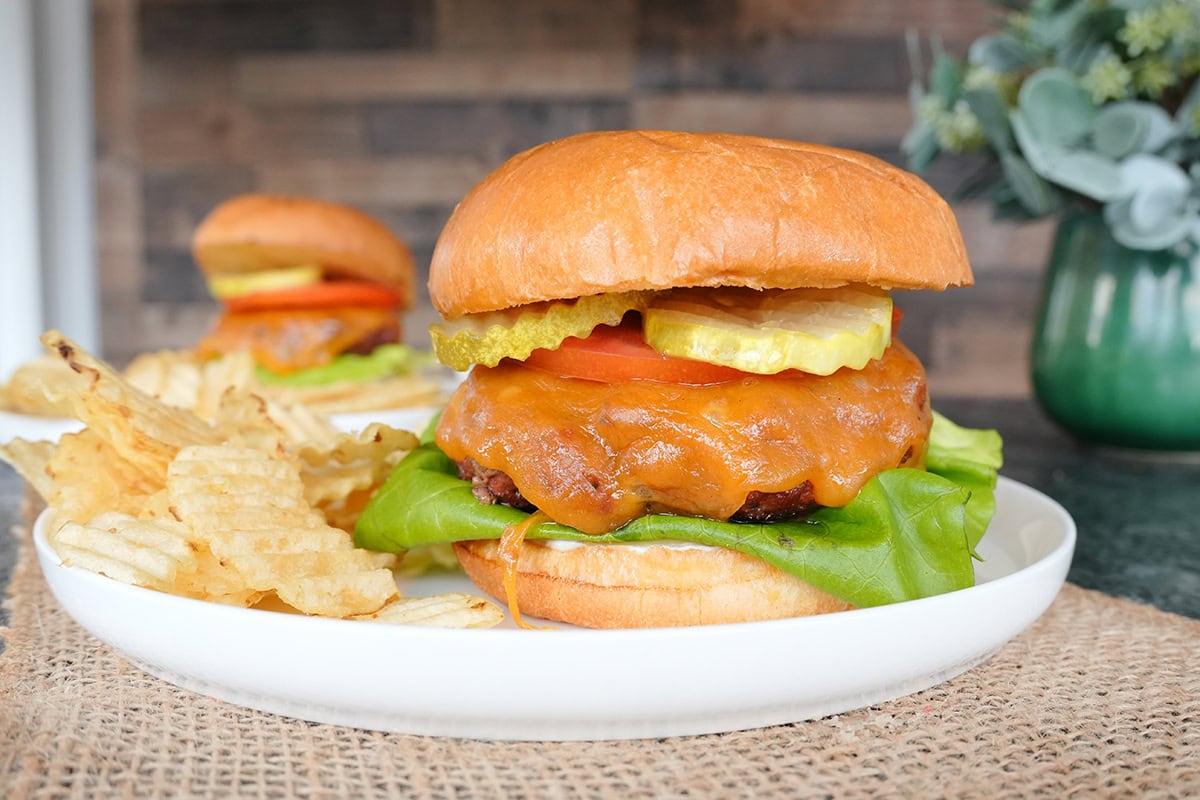 A butter burger on a white plate served with chips. 
