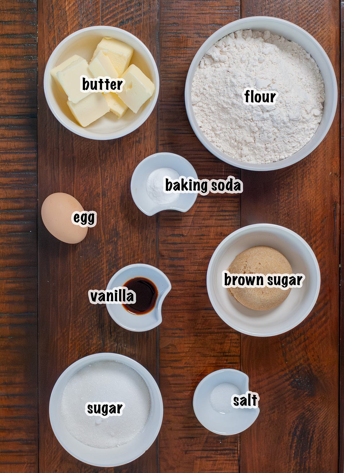 All the ingredients for chipless cookies laid out for mixing. 