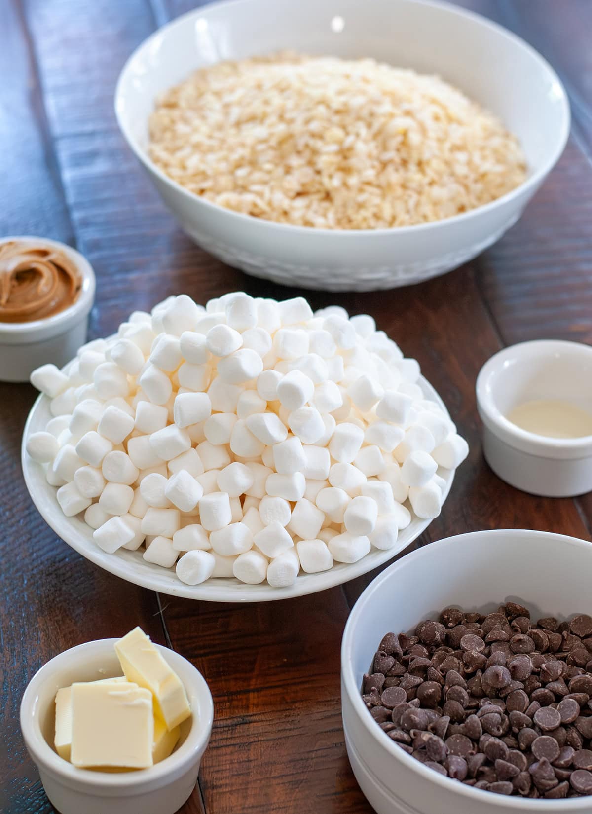 A photo of ingredients for Chocolate Peanut Butter Rice Crispy Treats. 