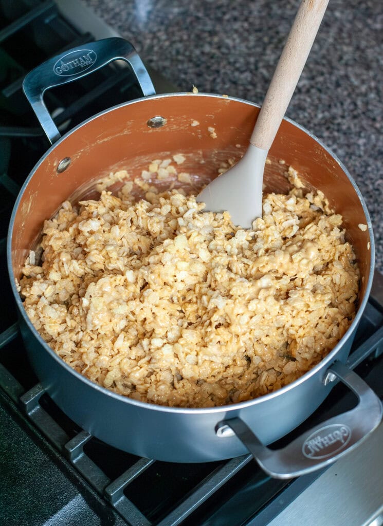 A top view of the cereal being fully mixed. 