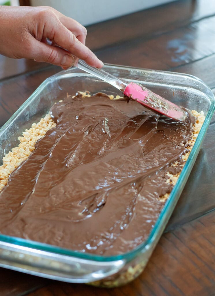 A view of the chocolate peanut butter rice crispy treats in a 9x13. 