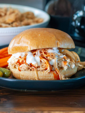 a buffalo chicken sandwich with carrots by a crock pot.