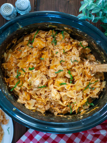 A crock pot full of buffalo chicken Mac and cheese.