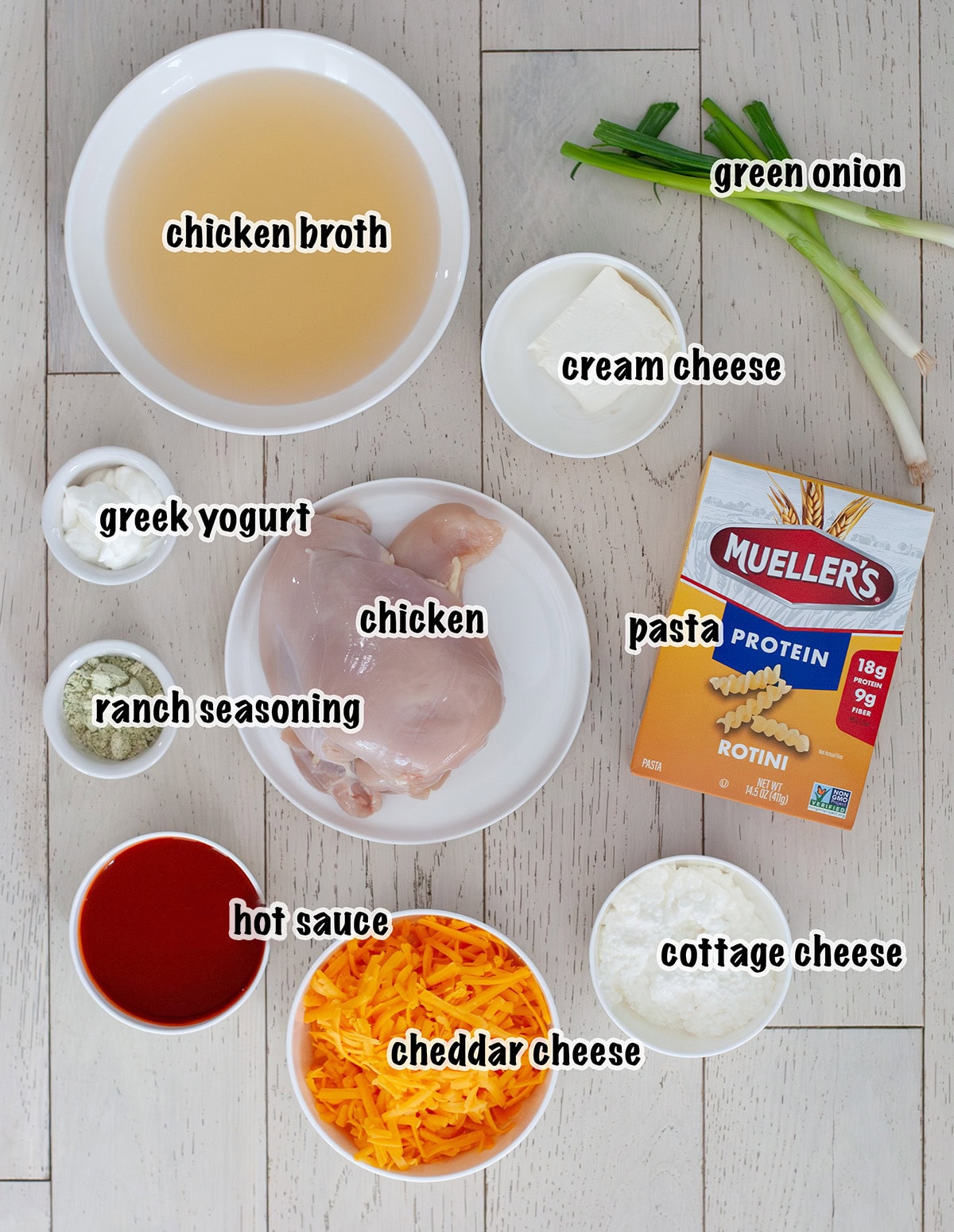 Ingredients for slow cooker buffalo chicken mac and cheese. 