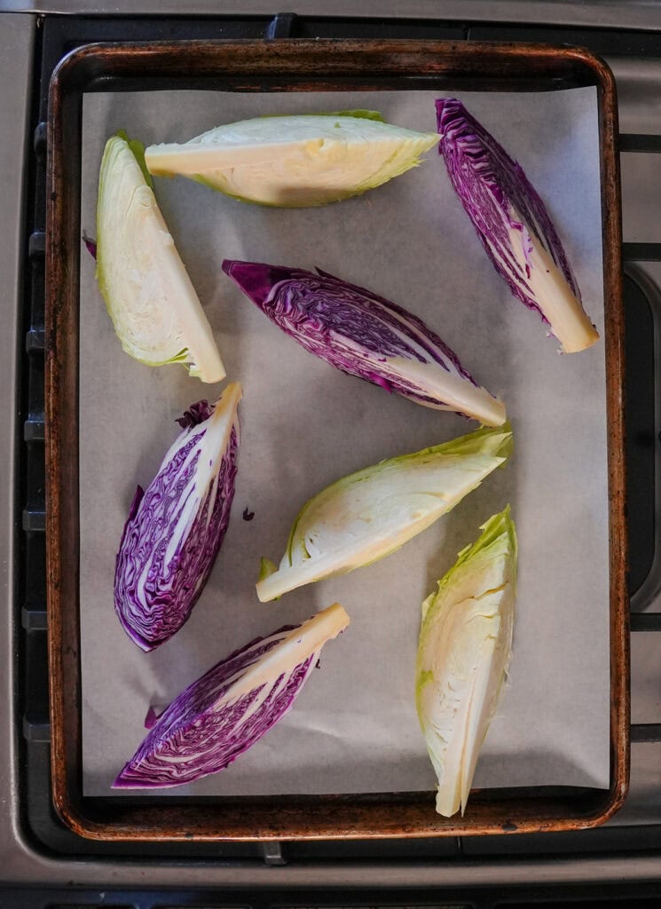 Red and green cabbage wedges. 